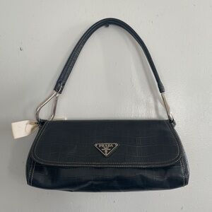 Black Croc-Embossed Leather Shoulder Bag